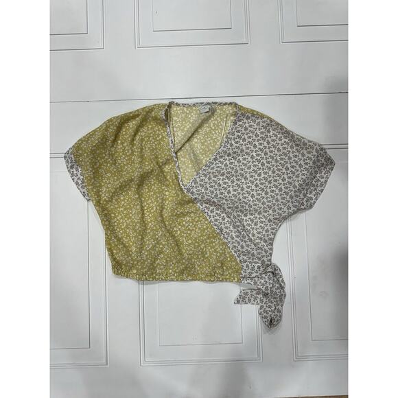 White Tops - Paper Crane Faux Wrap Crop Top Calico Floral Yellow Brown White M